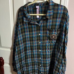 Savage X Fenty Plaid Pajama Shirt - Green and Pink